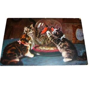 Tuck‎ Oilette Postcard Kittens Bird Cloche Why Don't You Sing? B. Cobbe 9099